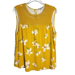 Daniel Rainn Women's Top XXL‎ Mustard Yellow Floral Crochet Neck Sleeveless